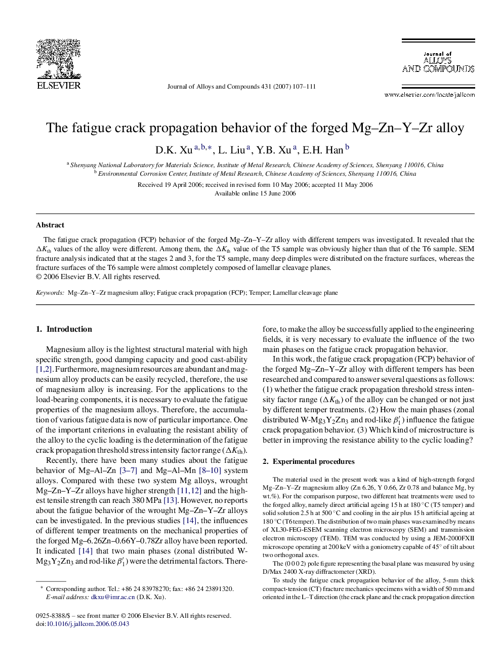 The fatigue crack propagation behavior of the forged Mg-Zn-Y-Zr alloy