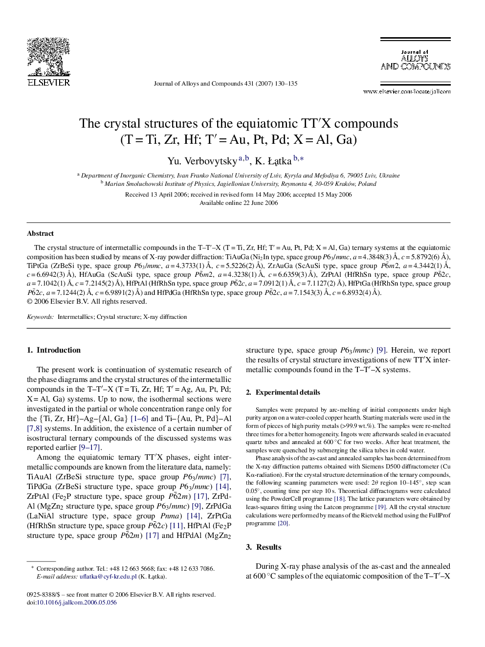 The crystal structures of the equiatomic TT′X compounds (T = Ti, Zr, Hf; T′ = Au, Pt, Pd; X = Al, Ga)