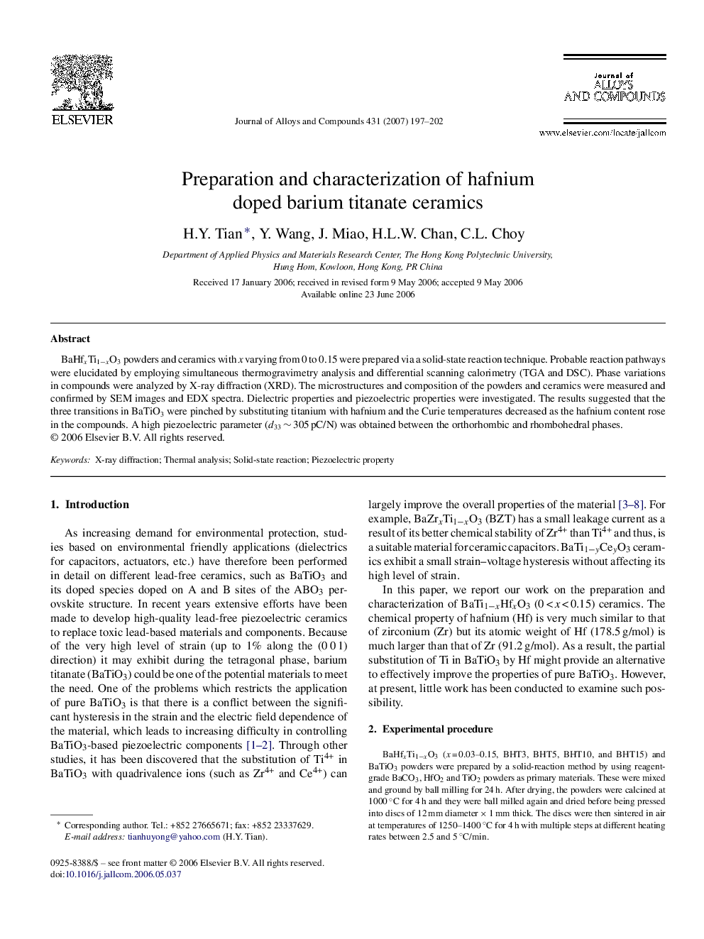 Preparation and characterization of hafnium doped barium titanate ceramics