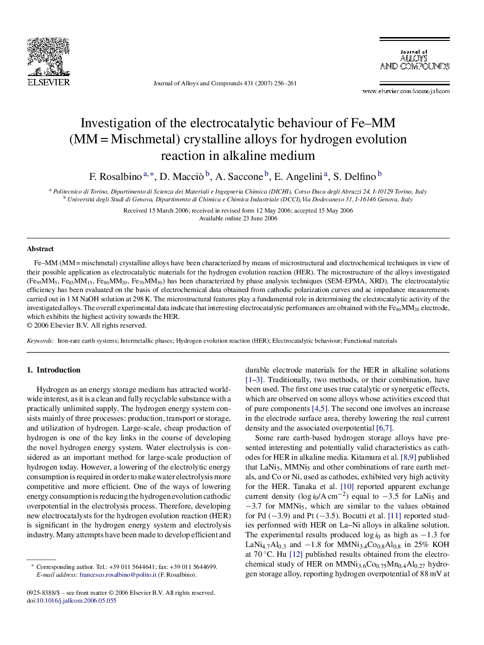 Investigation of the electrocatalytic behaviour of Fe–MM (MM = Mischmetal) crystalline alloys for hydrogen evolution reaction in alkaline medium