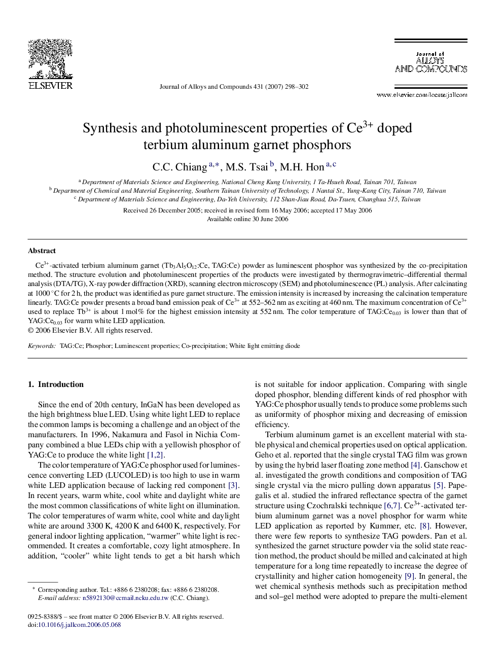 Synthesis and photoluminescent properties of Ce3+ doped terbium aluminum garnet phosphors