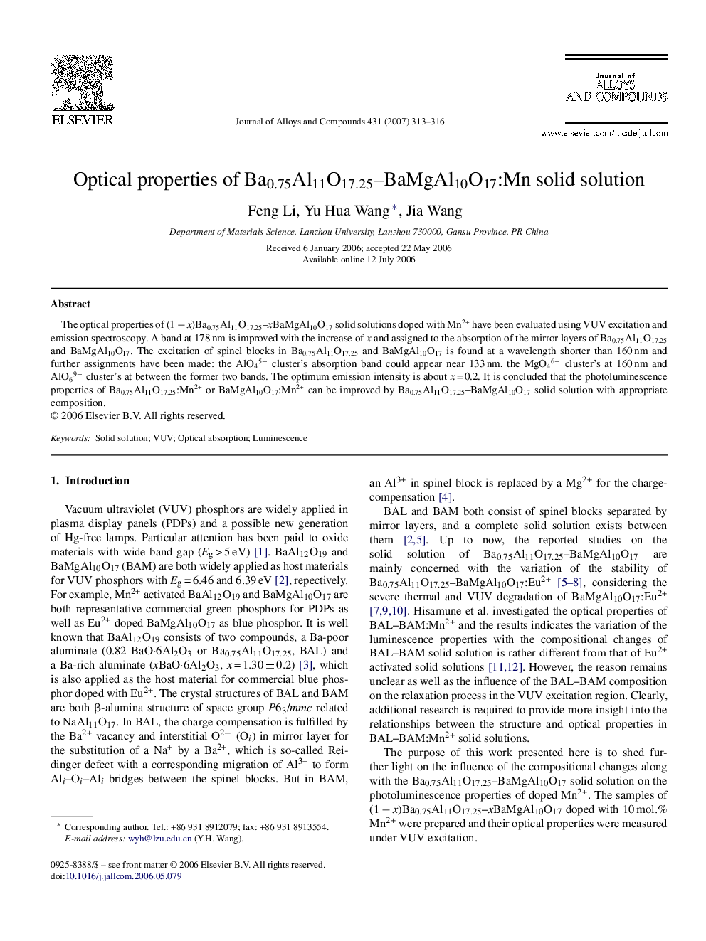 Optical properties of Ba0.75Al11O17.25–BaMgAl10O17:Mn solid solution