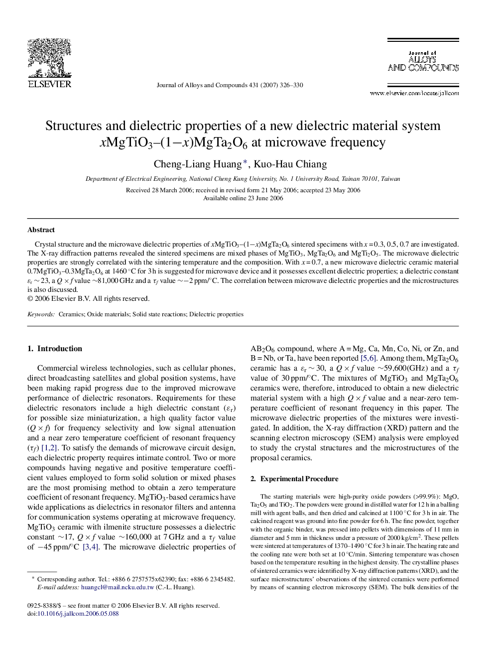 Structures and dielectric properties of a new dielectric material system xMgTiO3–(1−x)MgTa2O6 at microwave frequency