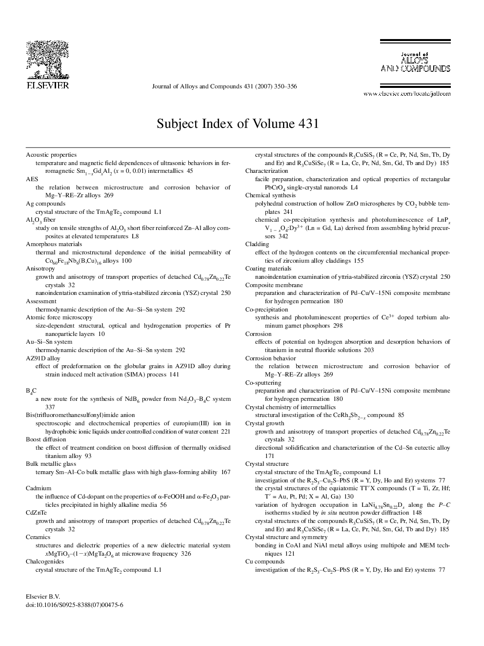 Subject Index of Volume 431