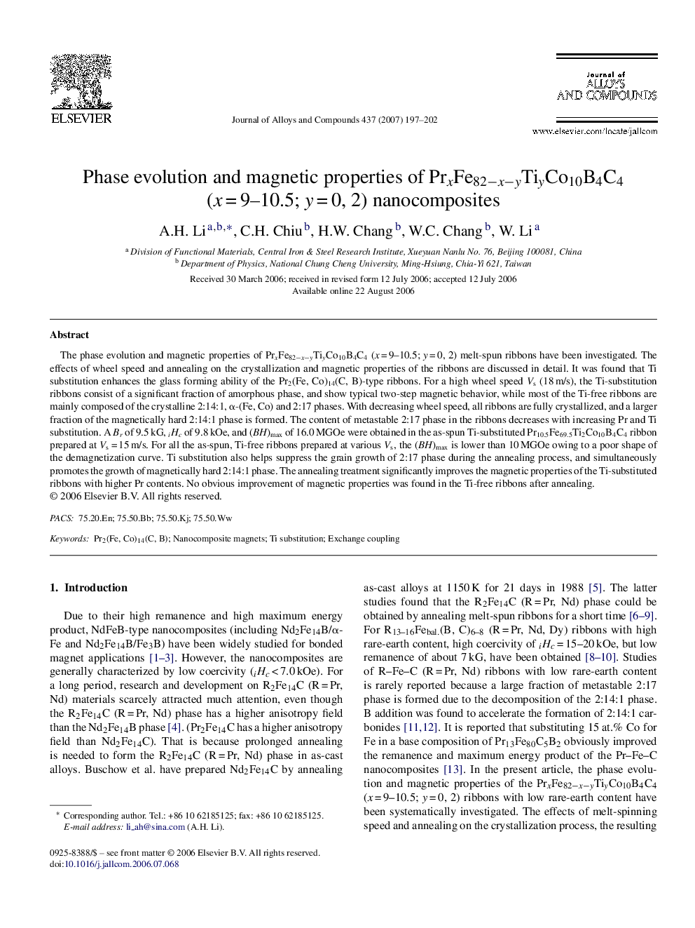 Phase evolution and magnetic properties of PrxFe82−x−yTiyCo10B4C4 (x = 9–10.5; y = 0, 2) nanocomposites