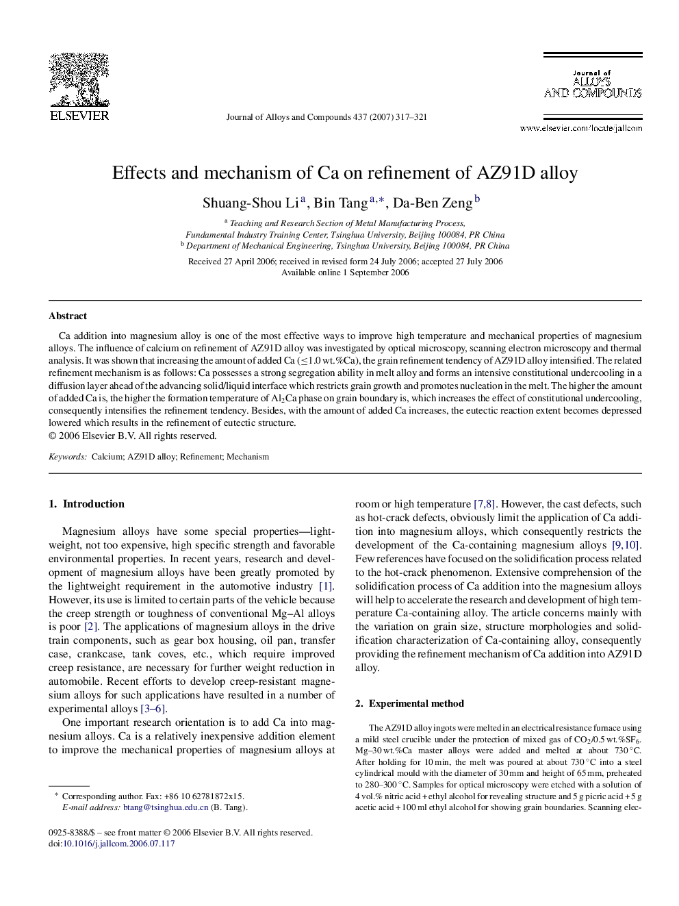 Effects and mechanism of Ca on refinement of AZ91D alloy