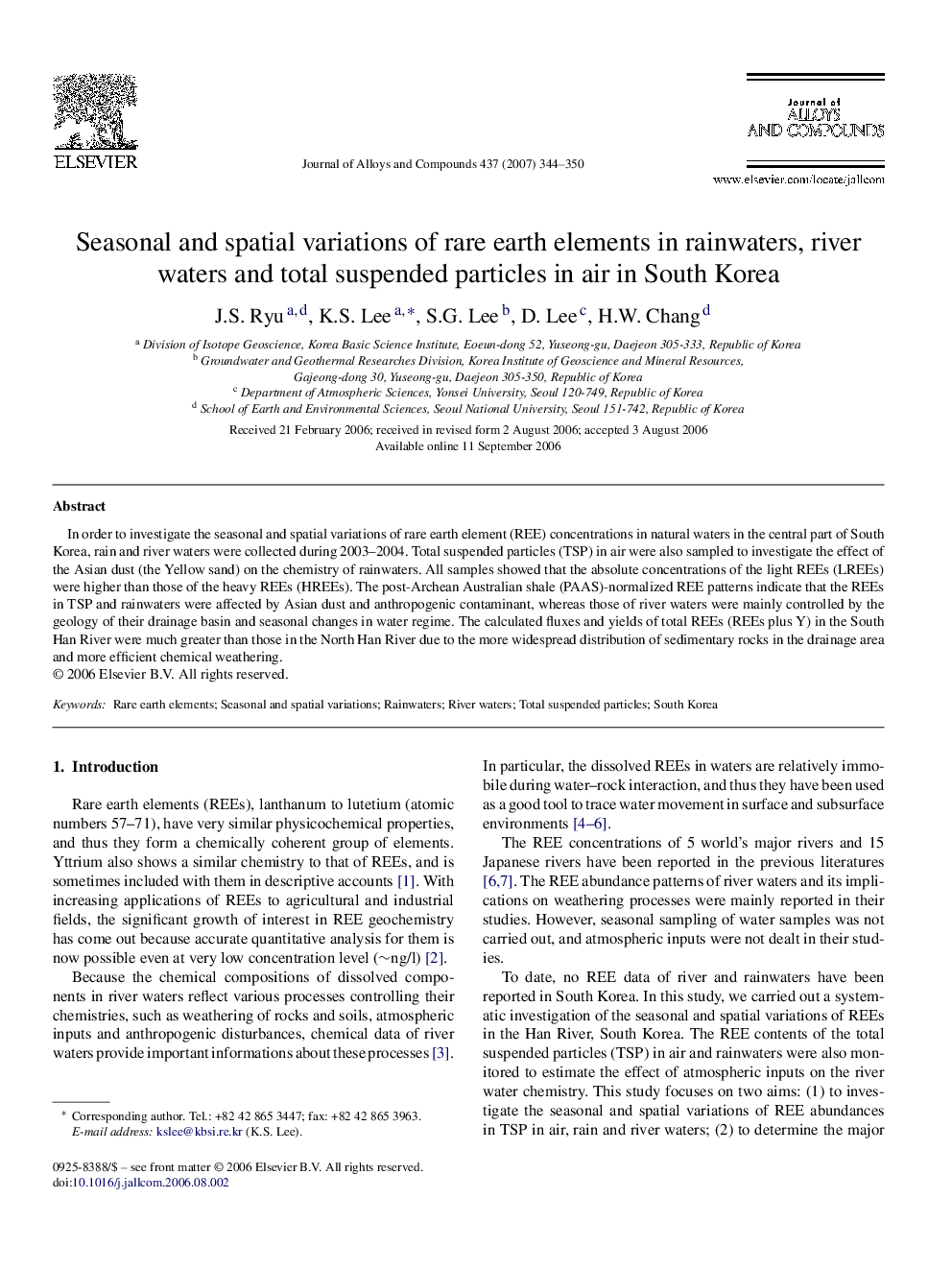 Seasonal and spatial variations of rare earth elements in rainwaters, river waters and total suspended particles in air in South Korea