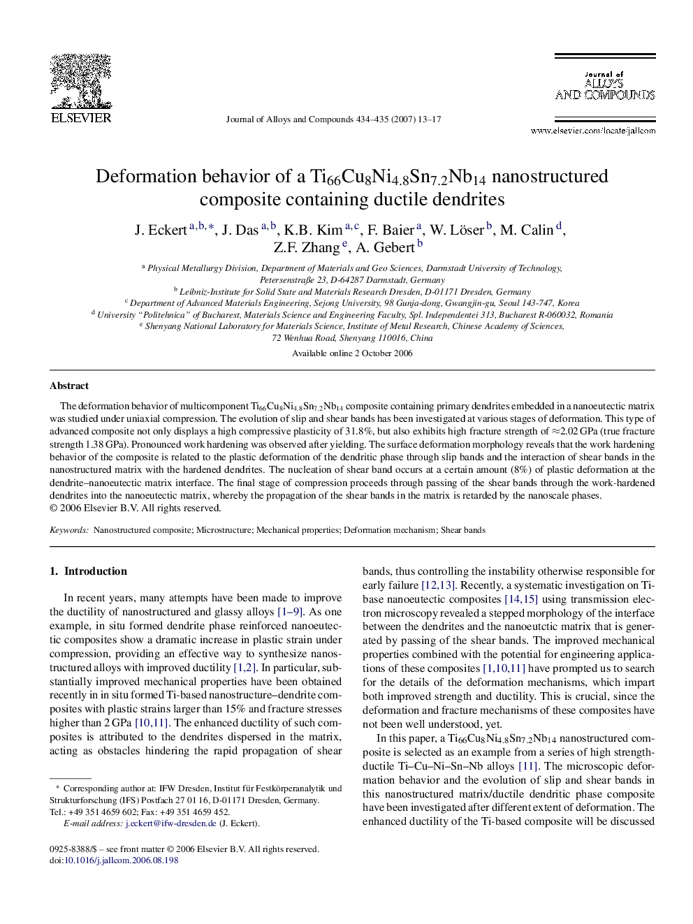 Deformation behavior of a Ti66Cu8Ni4.8Sn7.2Nb14 nanostructured composite containing ductile dendrites