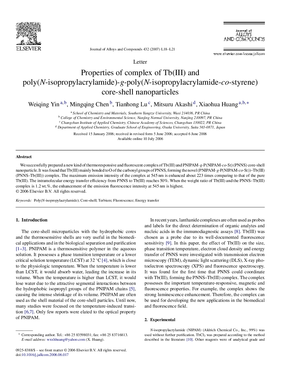 Properties of complex of Tb(III) and poly(N-isopropylacrylamide)-g-poly(N-isopropylacrylamide-co-styrene) core-shell nanoparticles