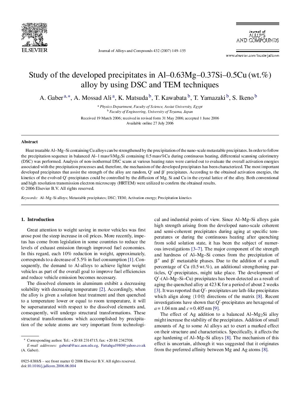 Study of the developed precipitates in Al-0.63Mg-0.37Si-0.5CuÂ (wt.%) alloy by using DSC and TEM techniques