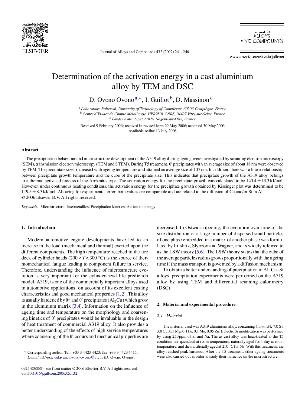 Determination of the activation energy in a cast aluminium alloy by TEM and DSC