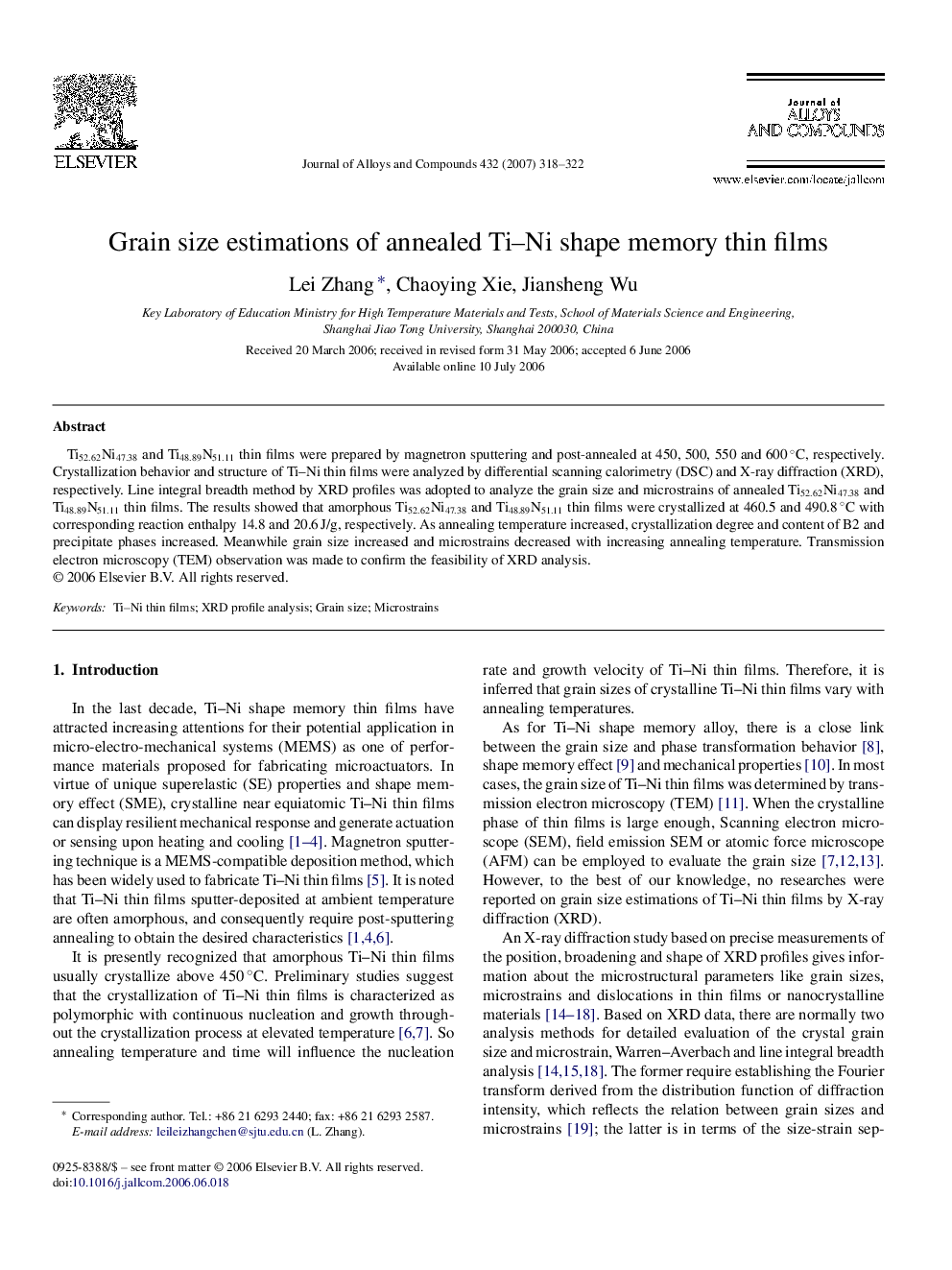 Grain size estimations of annealed Ti–Ni shape memory thin films