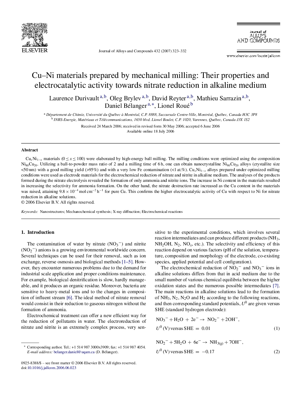 Cu–Ni materials prepared by mechanical milling: Their properties and electrocatalytic activity towards nitrate reduction in alkaline medium