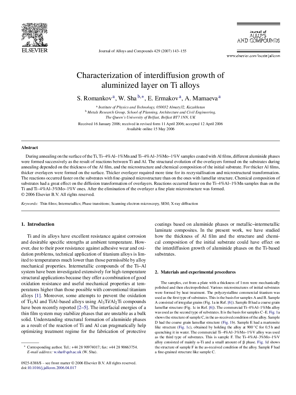 Characterization of interdiffusion growth of aluminized layer on Ti alloys