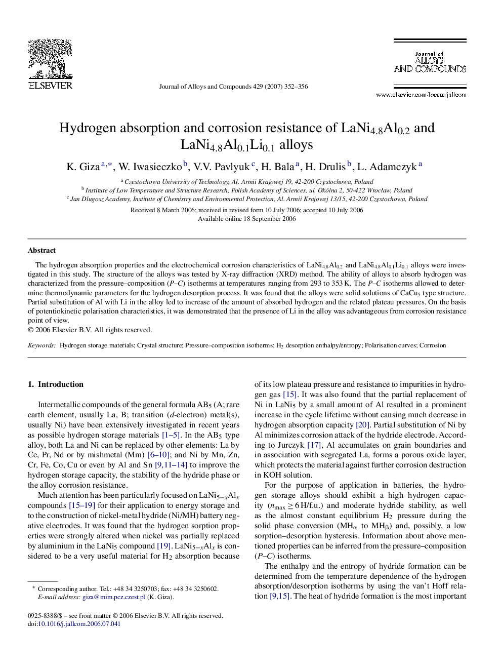 Hydrogen absorption and corrosion resistance of LaNi4.8Al0.2 and LaNi4.8Al0.1Li0.1 alloys