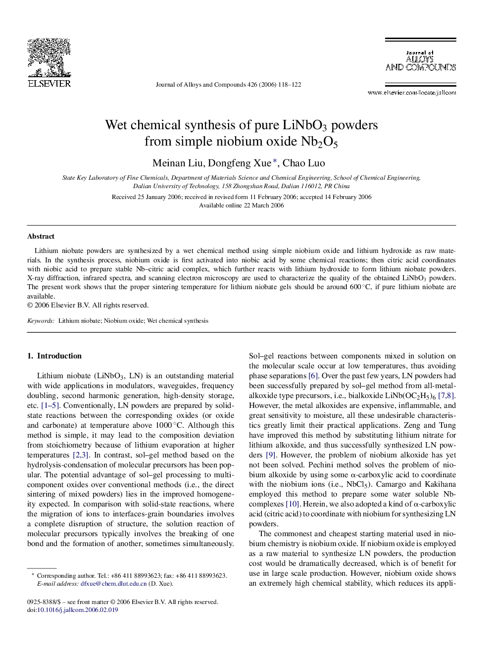 Wet chemical synthesis of pure LiNbO3 powders from simple niobium oxide Nb2O5