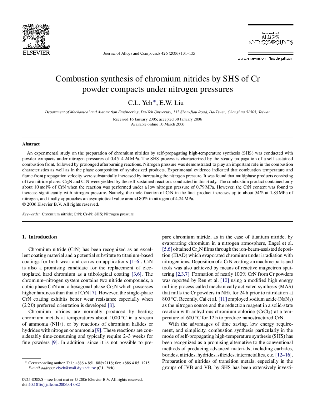 Combustion synthesis of chromium nitrides by SHS of Cr powder compacts under nitrogen pressures