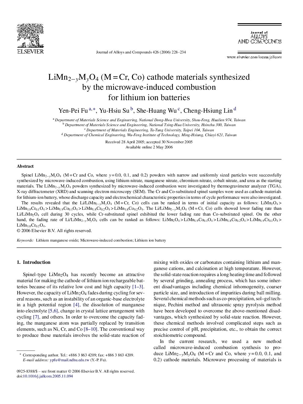 LiMn2−yMyO4 (M = Cr, Co) cathode materials synthesized by the microwave-induced combustion for lithium ion batteries