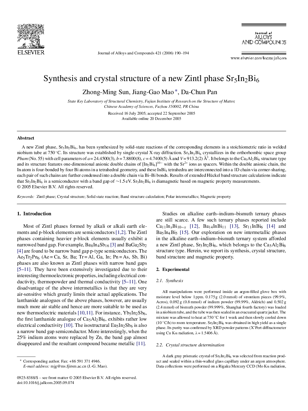 Synthesis and crystal structure of a new Zintl phase Sr5In2Bi6