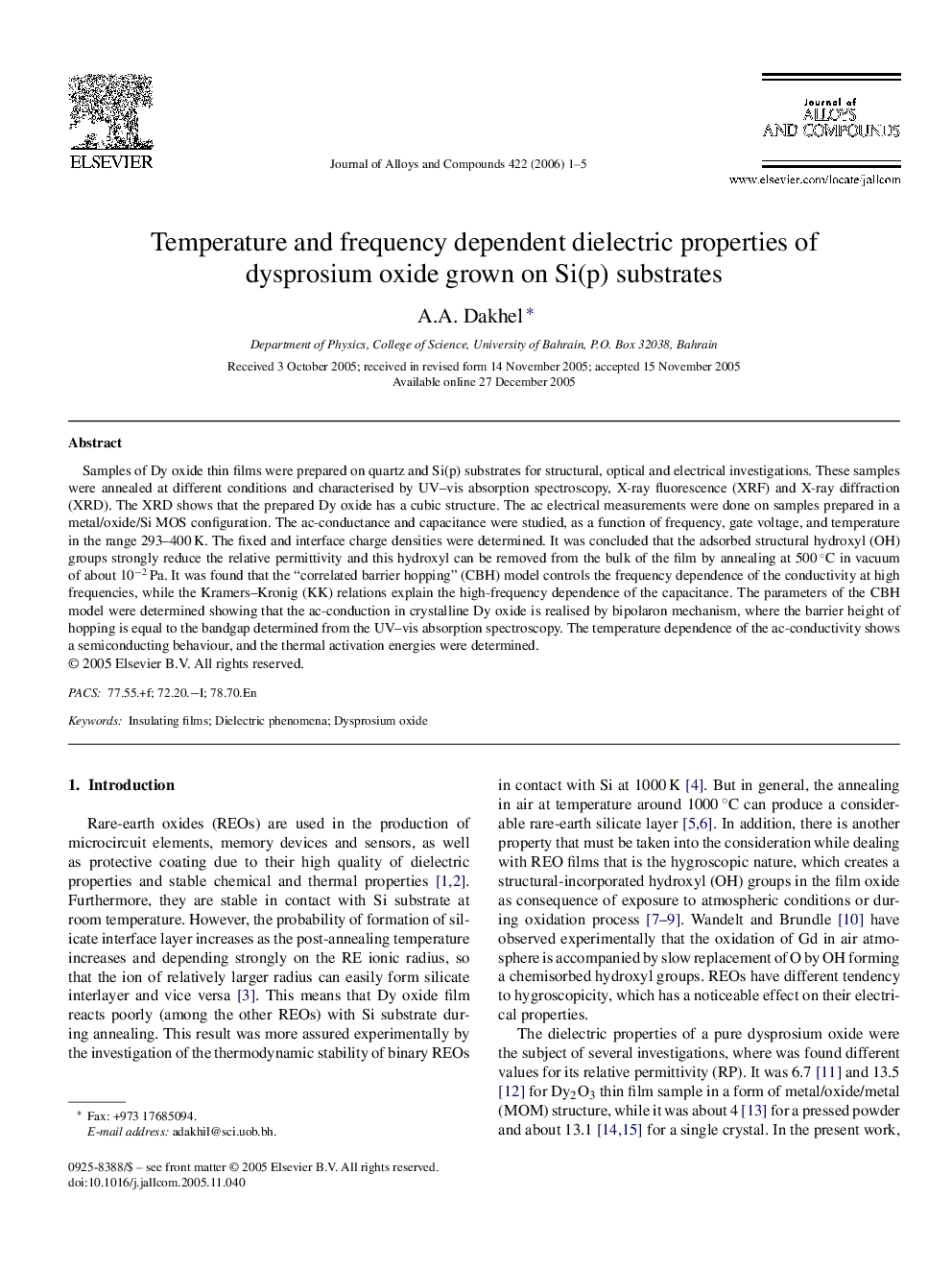 Temperature and frequency dependent dielectric properties of dysprosium oxide grown on Si(p) substrates