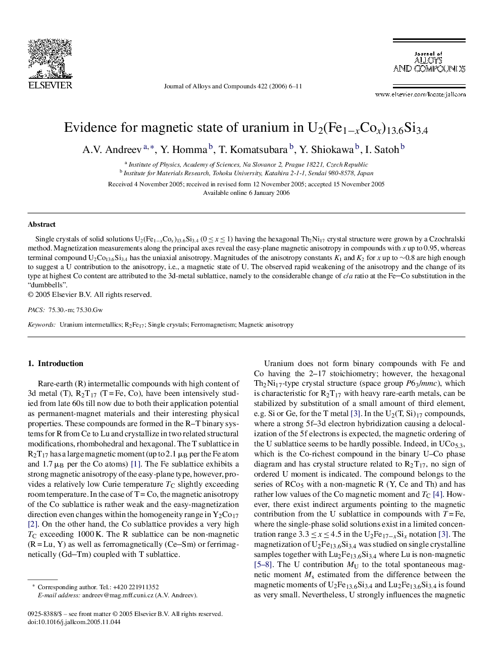 Evidence for magnetic state of uranium in U2(Fe1−xCox)13.6Si3.4