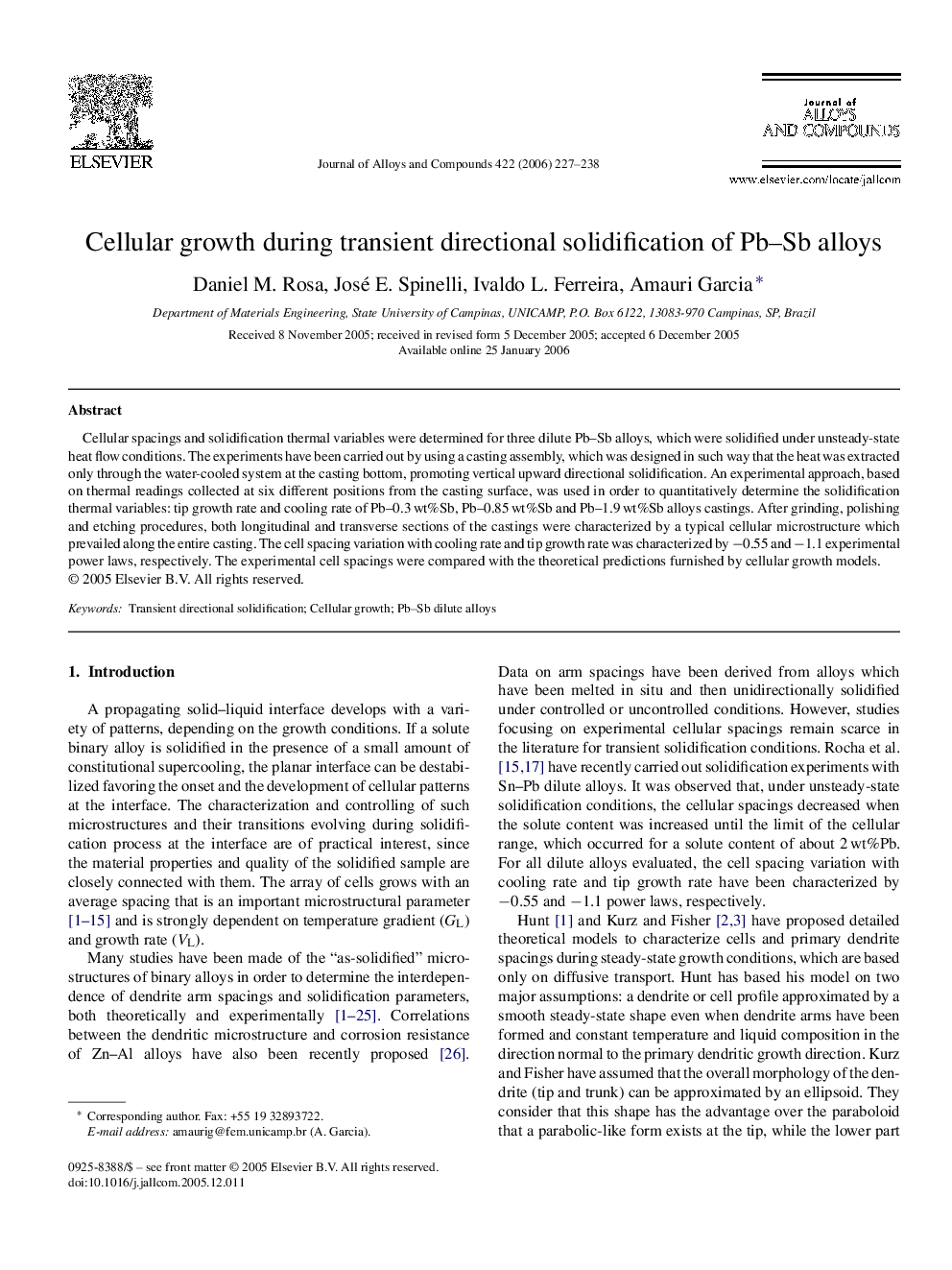 Cellular growth during transient directional solidification of Pb-Sb alloys