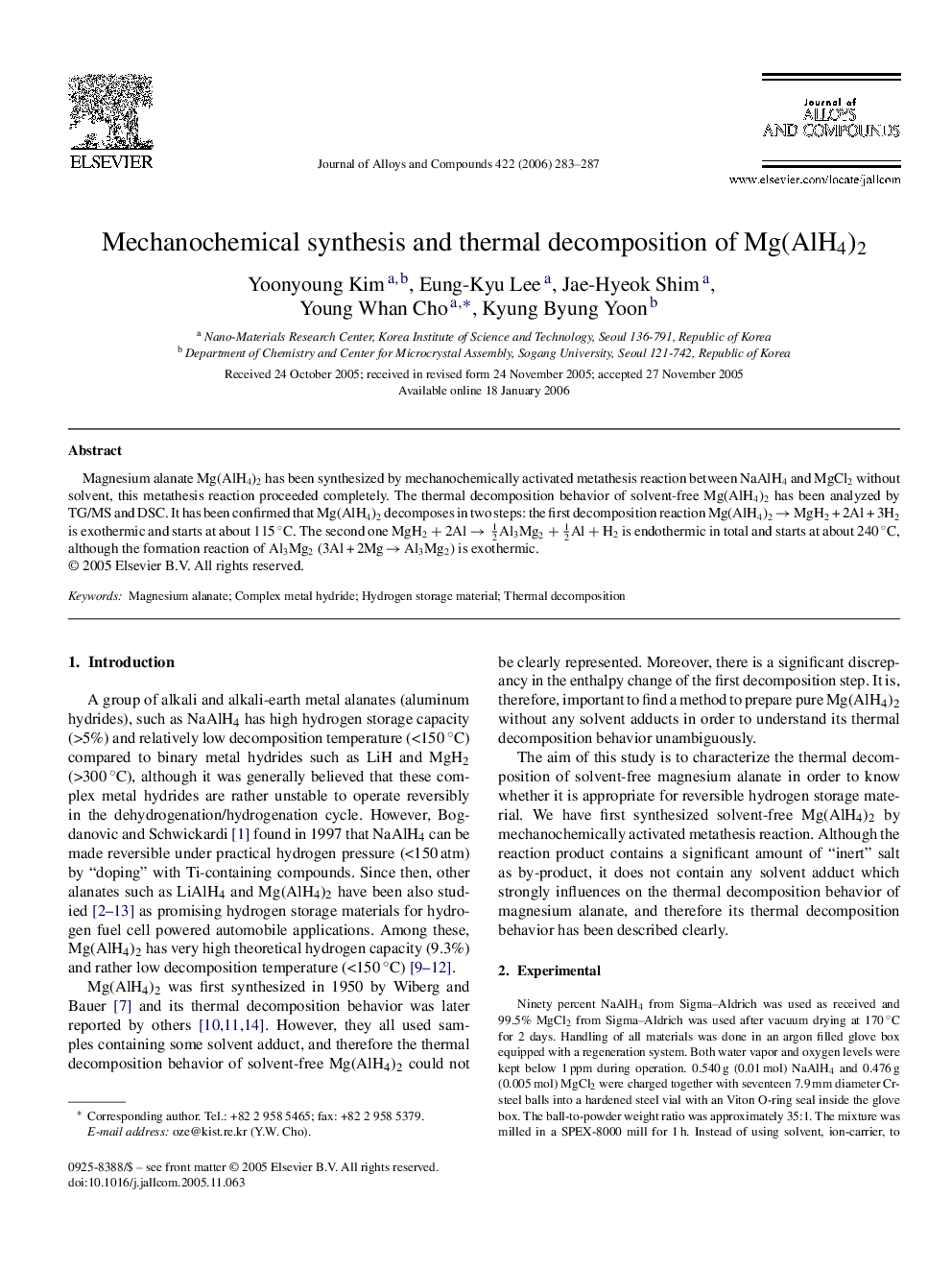 Mechanochemical synthesis and thermal decomposition of Mg(AlH4)2