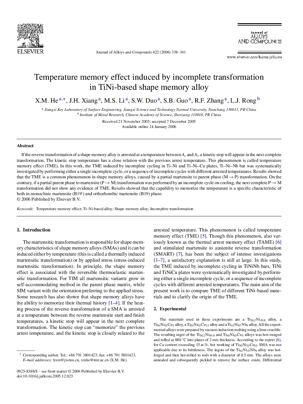 Temperature memory effect induced by incomplete transformation in TiNi-based shape memory alloy