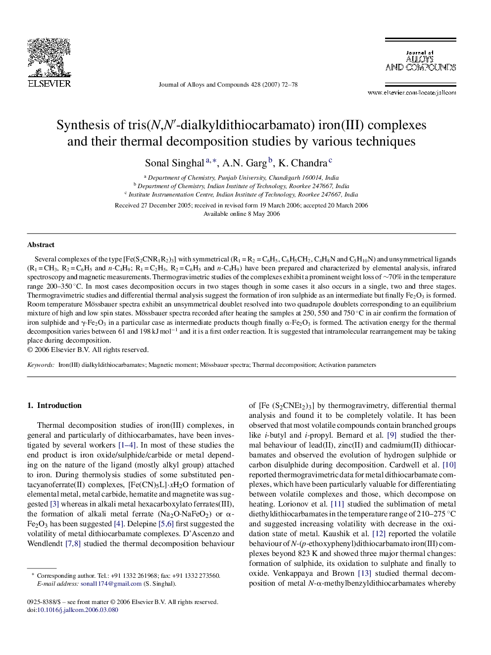 Synthesis of tris(N,N′-dialkyldithiocarbamato) iron(III) complexes and their thermal decomposition studies by various techniques