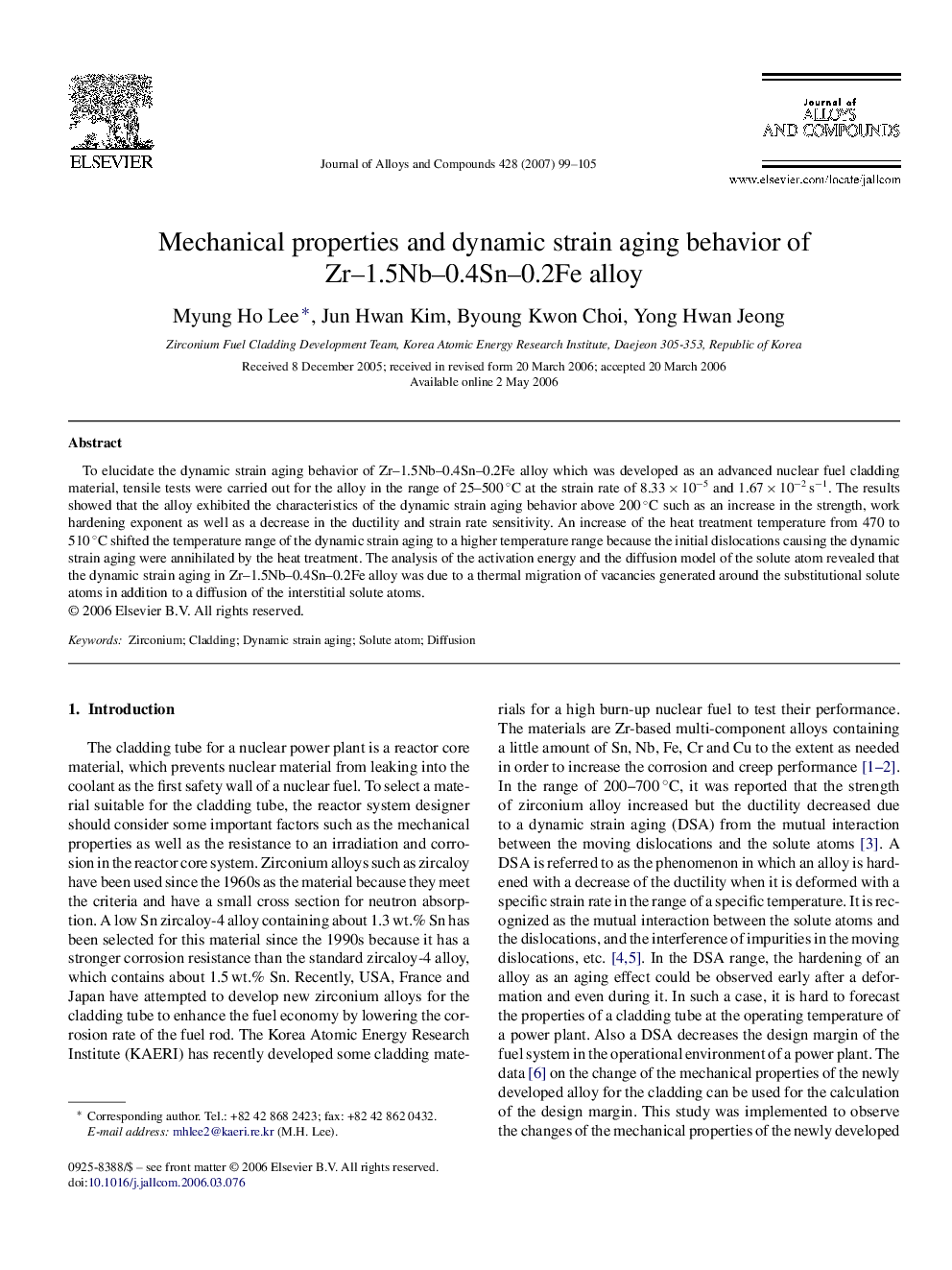 Mechanical properties and dynamic strain aging behavior of Zr–1.5Nb–0.4Sn–0.2Fe alloy