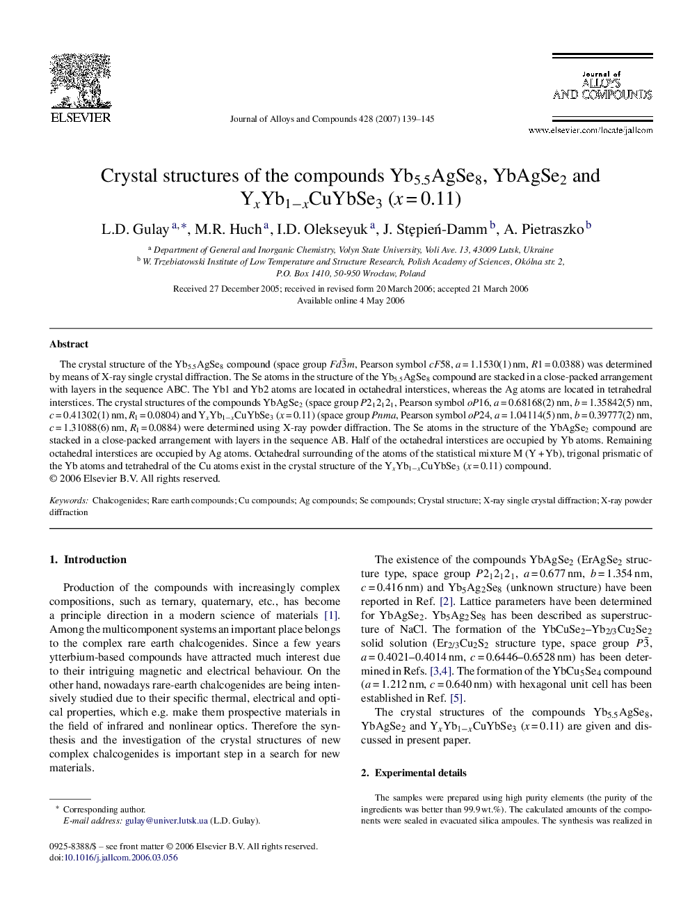 Crystal structures of the compounds Yb5.5AgSe8, YbAgSe2 and YxYb1âxCuYbSe3 (xÂ =Â 0.11)