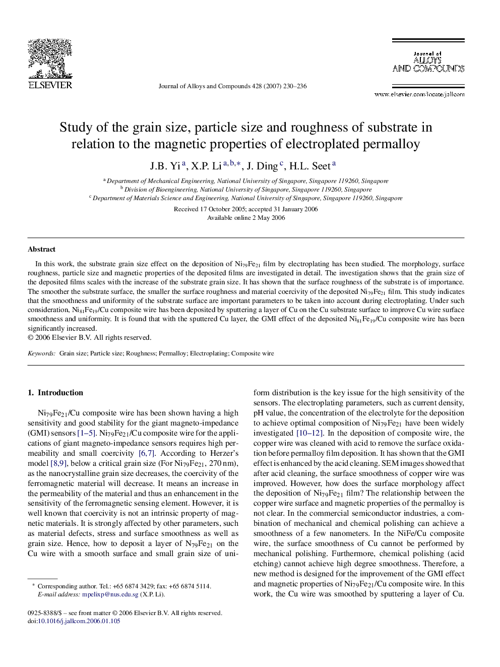 Study of the grain size, particle size and roughness of substrate in relation to the magnetic properties of electroplated permalloy