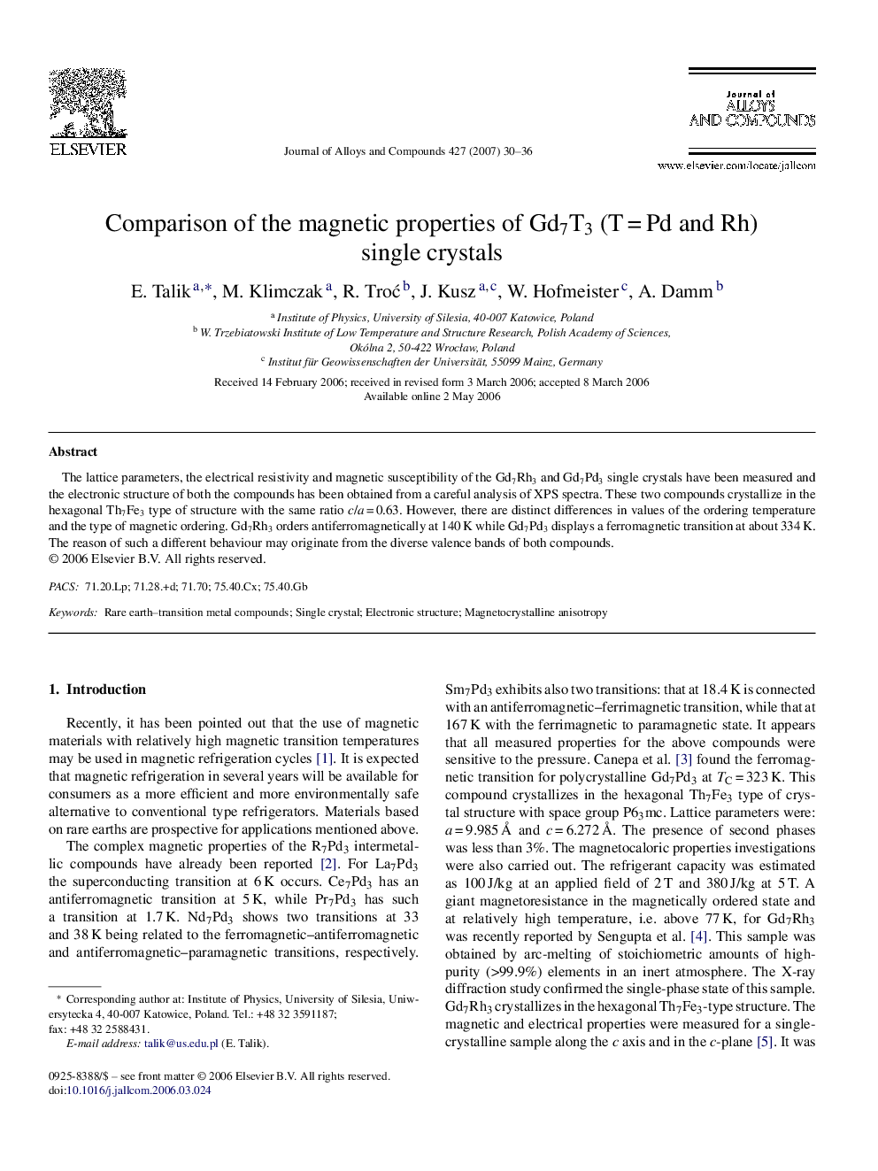 Comparison of the magnetic properties of Gd7T3 (TÂ =Â Pd and Rh) single crystals