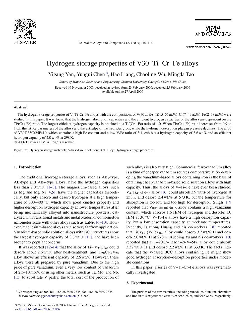 Hydrogen storage properties of V30–Ti–Cr–Fe alloys