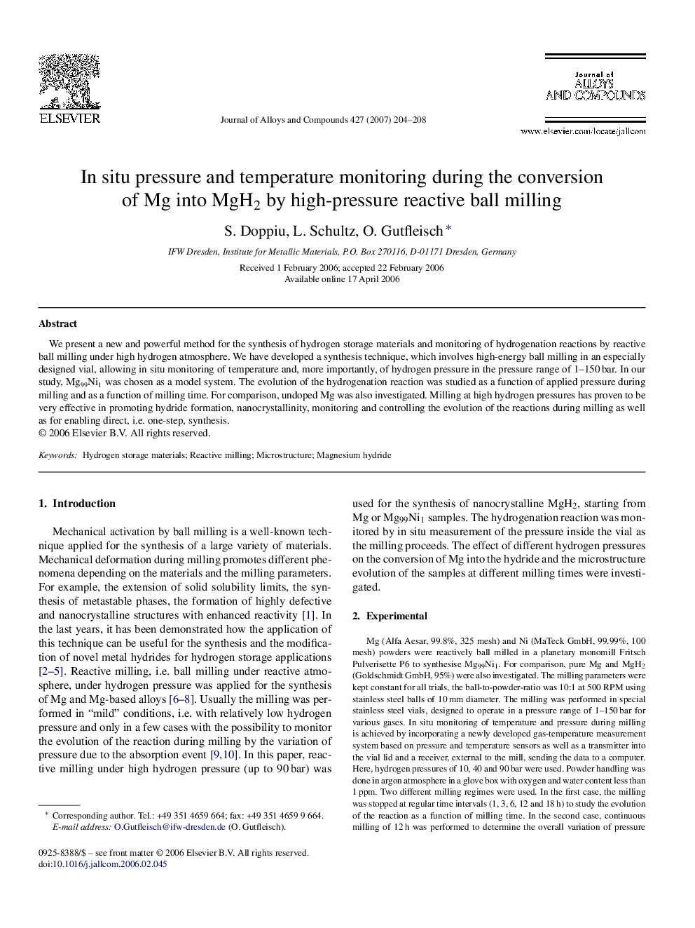 In situ pressure and temperature monitoring during the conversion of Mg into MgH2 by high-pressure reactive ball milling