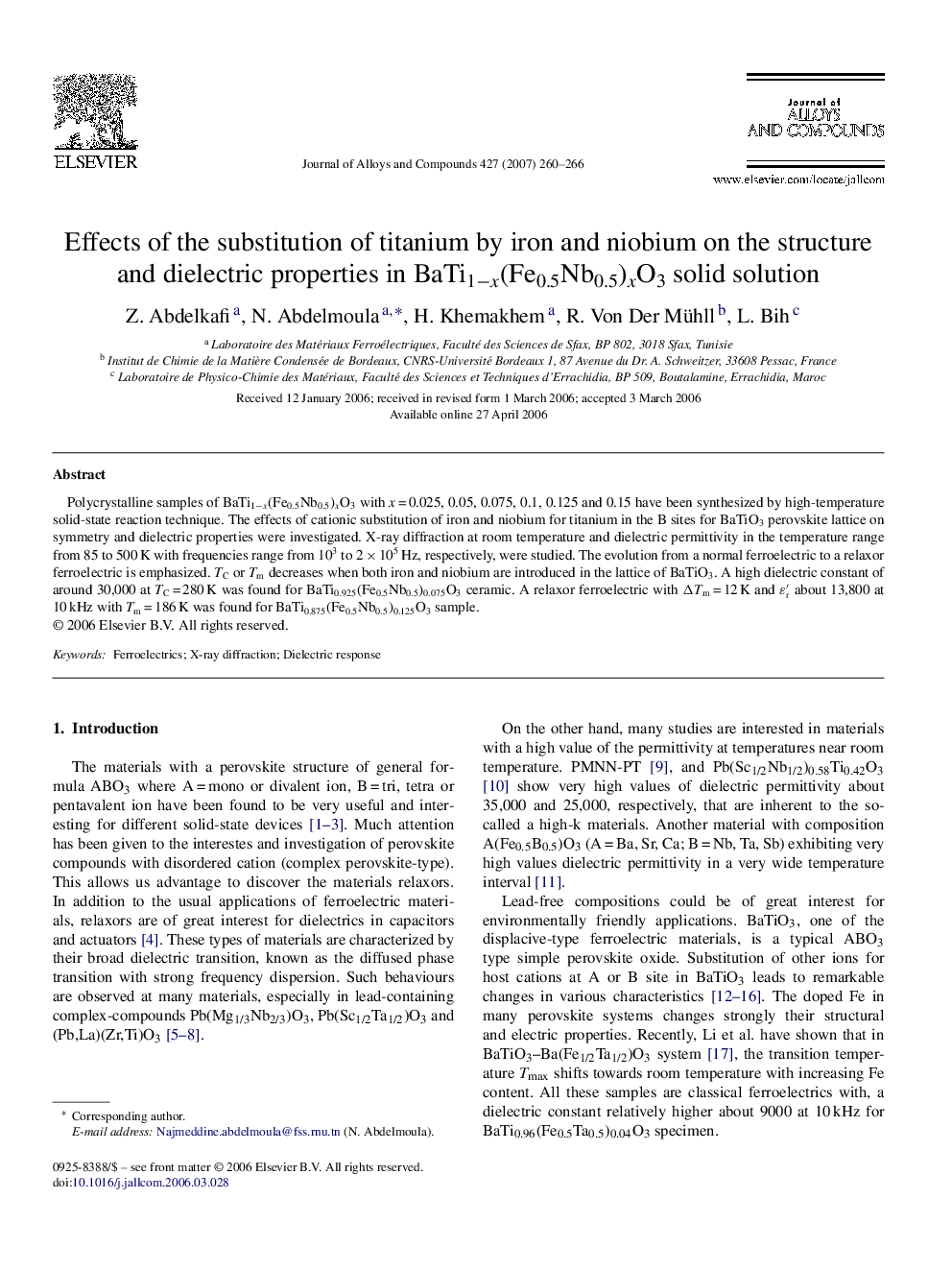 Effects of the substitution of titanium by iron and niobium on the structure and dielectric properties in BaTi1−x(Fe0.5Nb0.5)xO3 solid solution
