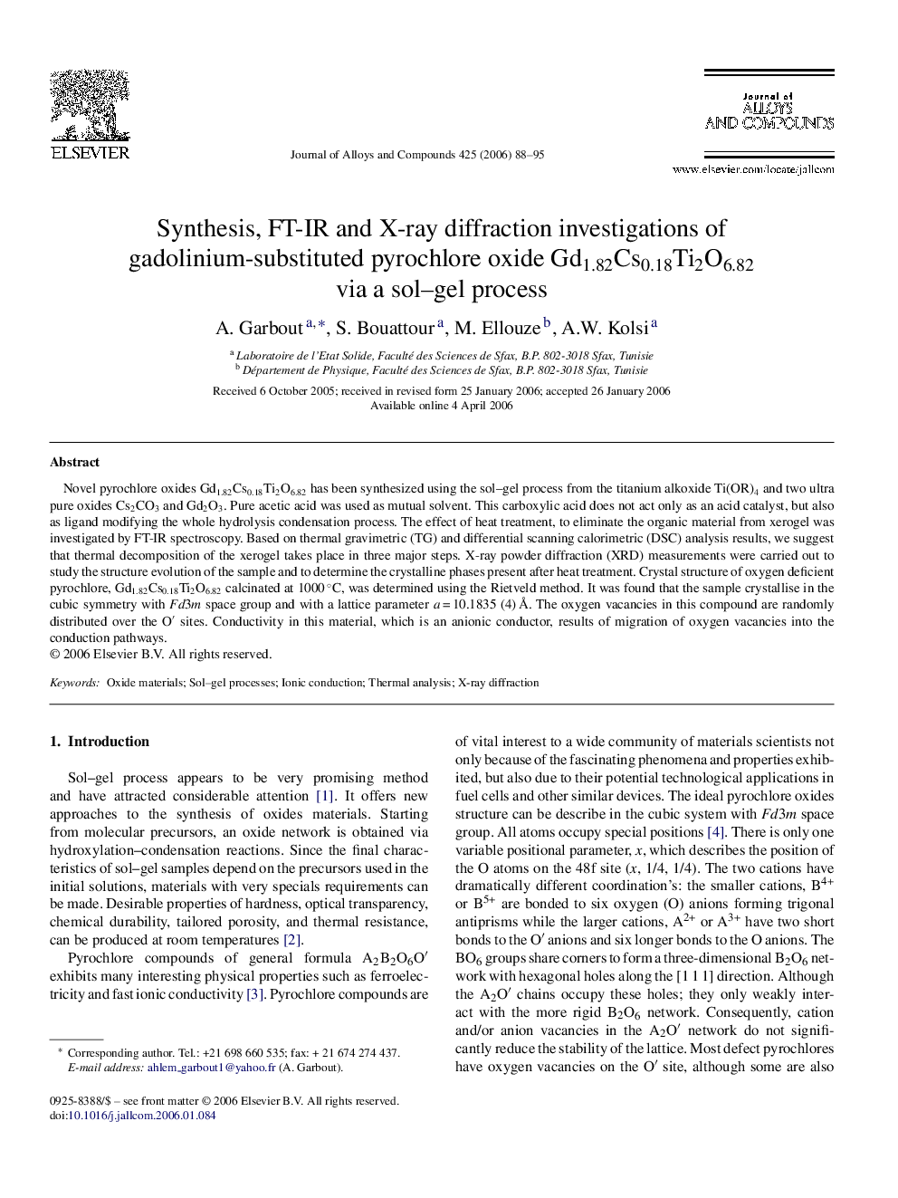 Synthesis, FT-IR and X-ray diffraction investigations of gadolinium-substituted pyrochlore oxide Gd1.82Cs0.18Ti2O6.82 via a sol–gel process