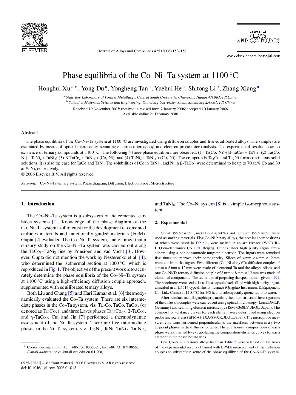 Phase equilibria of the Co–Ni–Ta system at 1100 °C