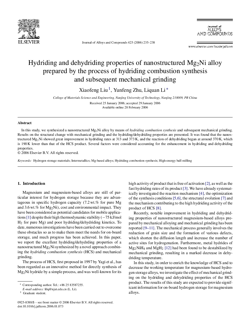 Hydriding and dehydriding properties of nanostructured Mg2Ni alloy prepared by the process of hydriding combustion synthesis and subsequent mechanical grinding