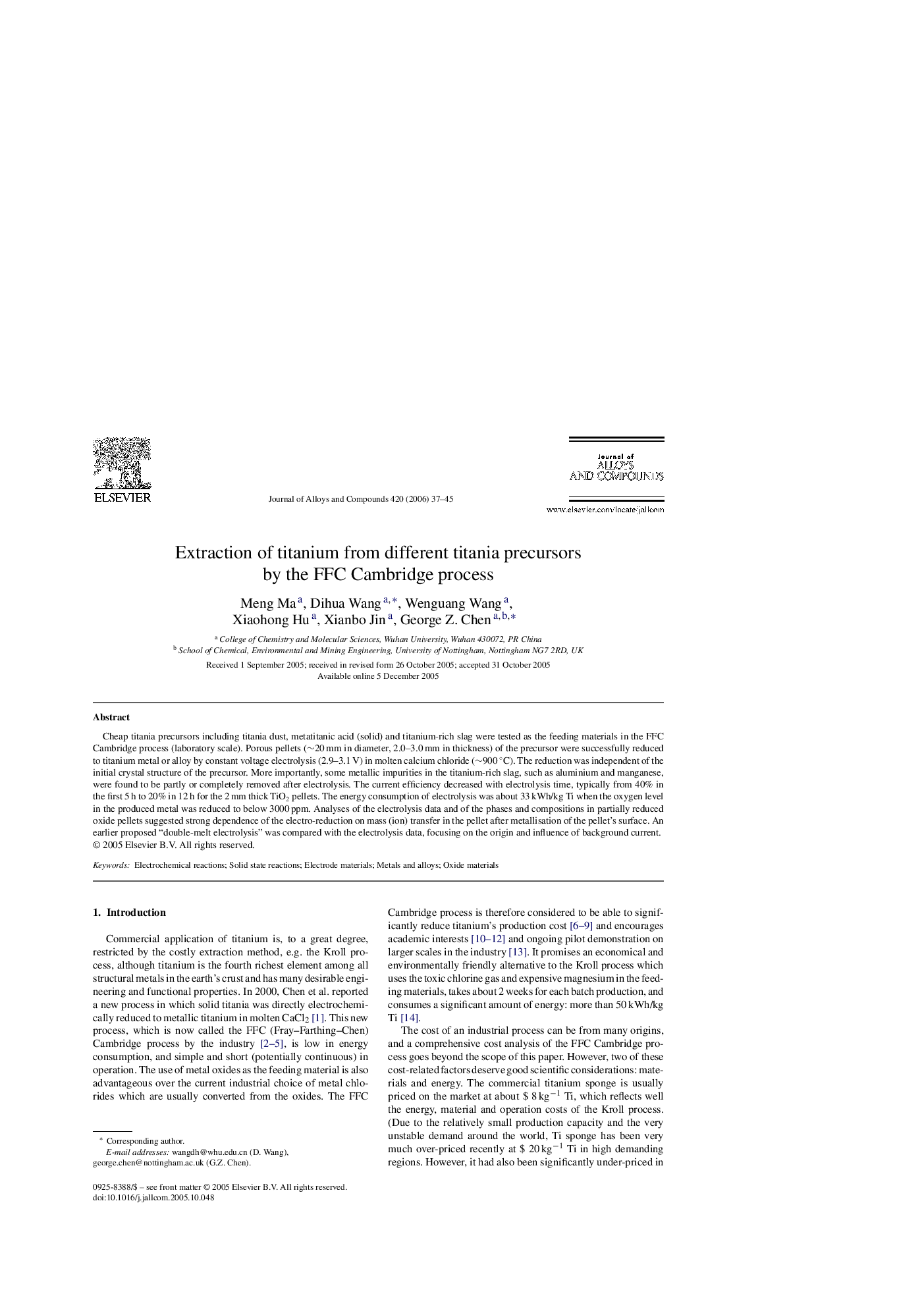 Extraction of titanium from different titania precursors by the FFC Cambridge process