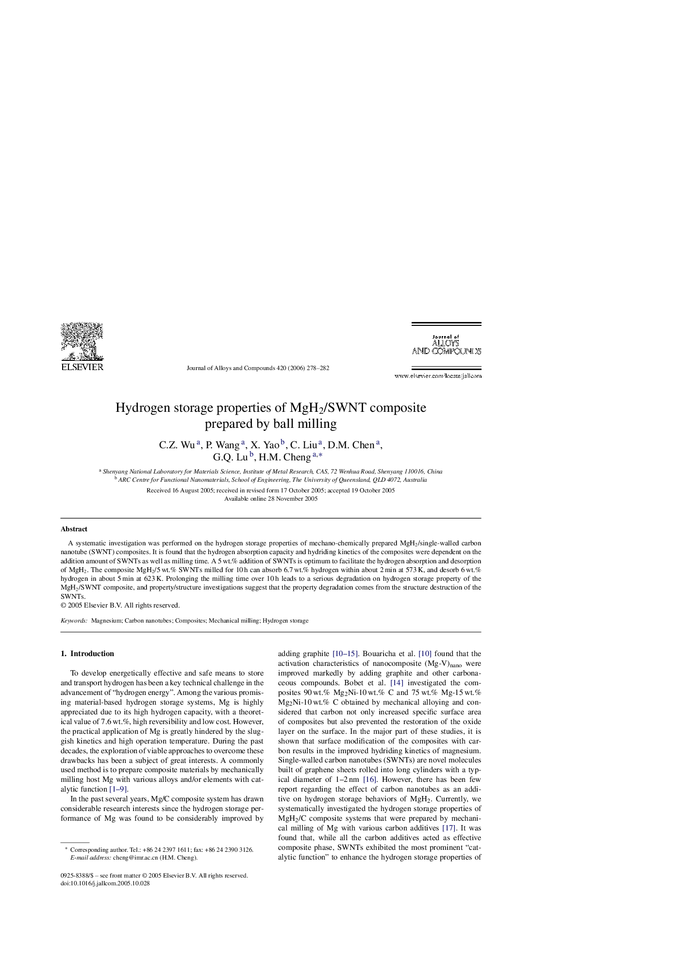 Hydrogen storage properties of MgH2/SWNT composite prepared by ball milling