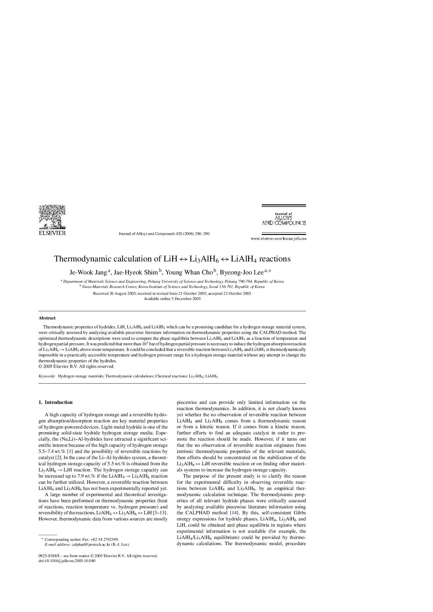 Thermodynamic calculation of LiH ↔ Li3AlH6 ↔ LiAlH4 reactions