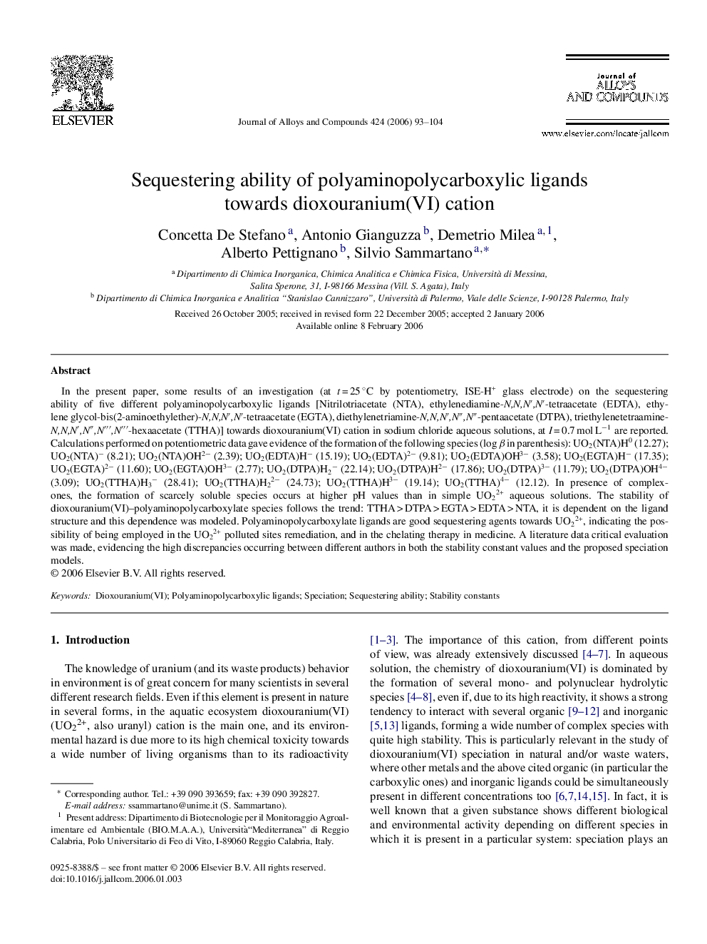Sequestering ability of polyaminopolycarboxylic ligands towards dioxouranium(VI) cation