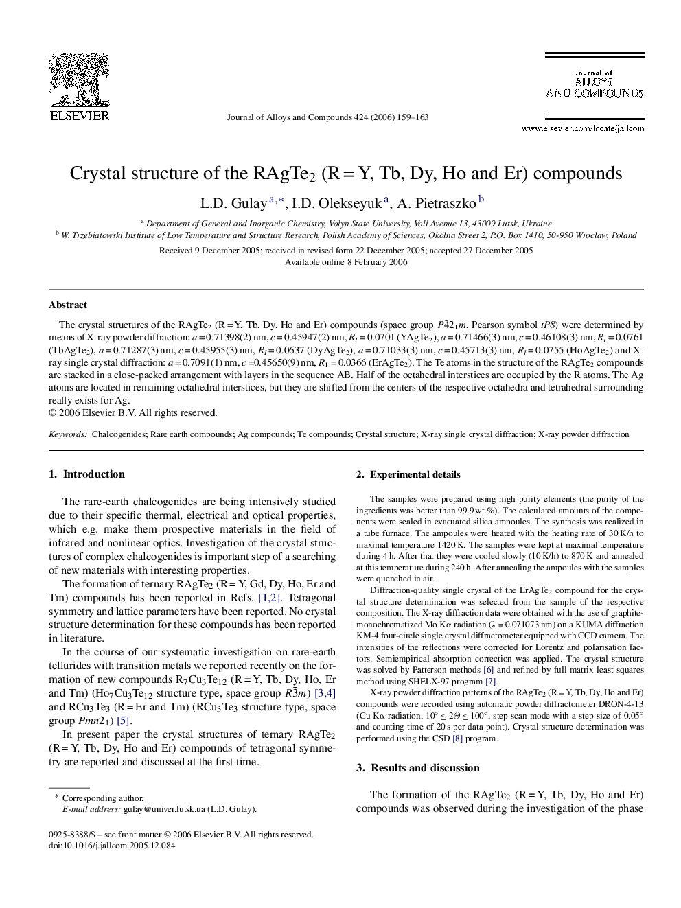 Crystal structure of the RAgTe2 (R = Y, Tb, Dy, Ho and Er) compounds