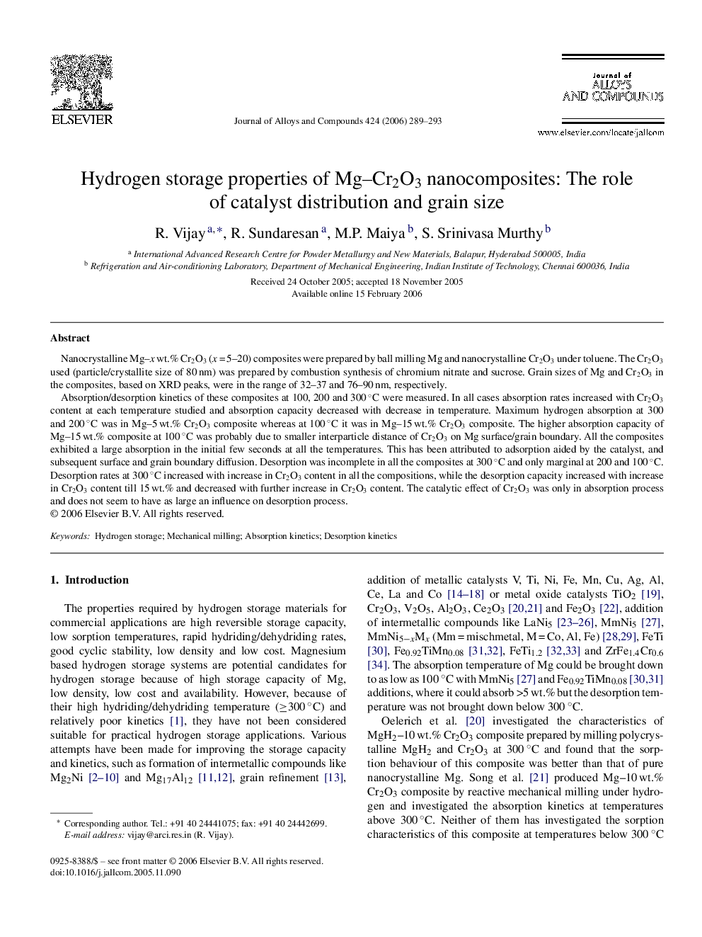 Hydrogen storage properties of Mg–Cr2O3 nanocomposites: The role of catalyst distribution and grain size