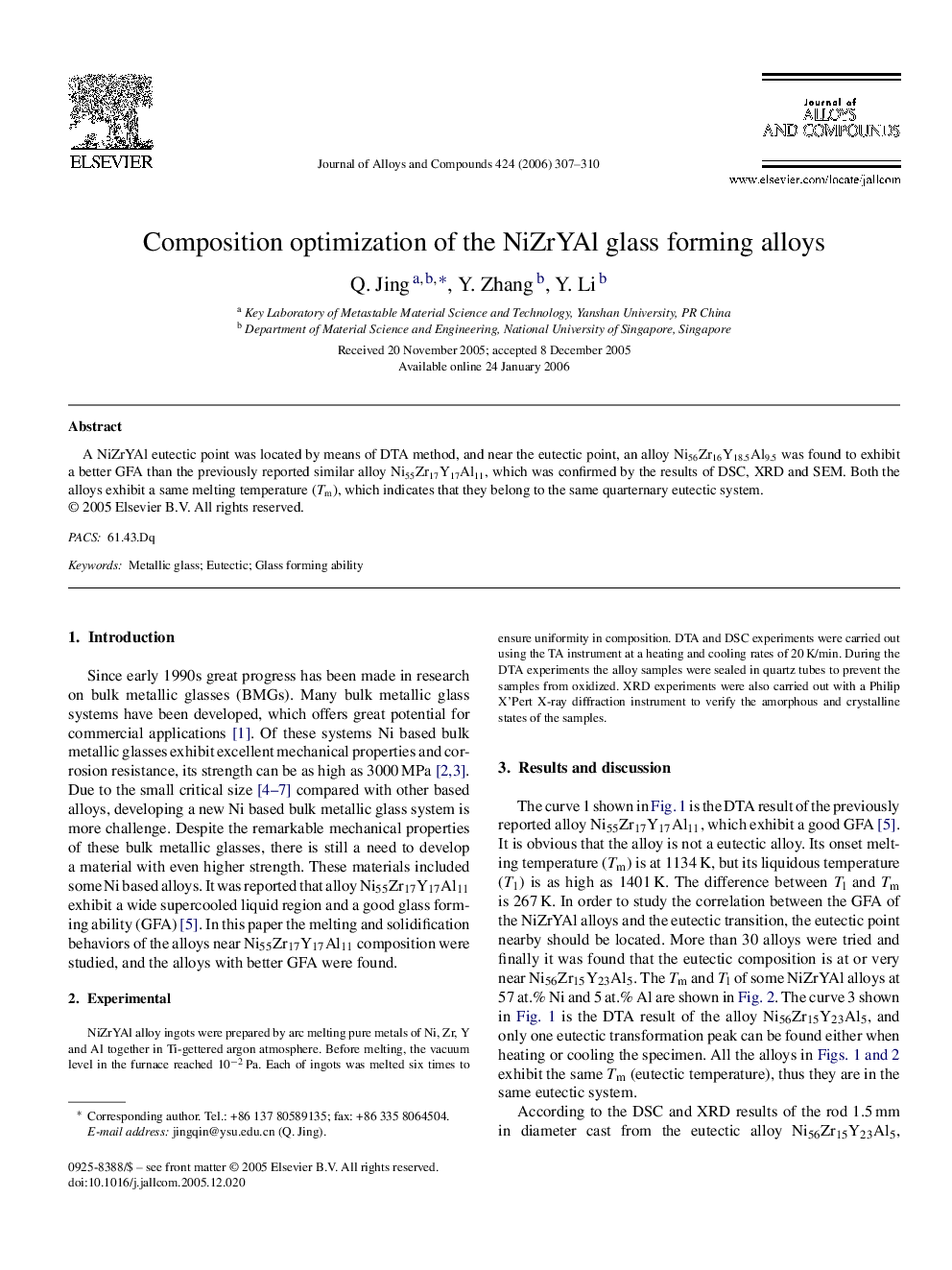 Composition optimization of the NiZrYAl glass forming alloys