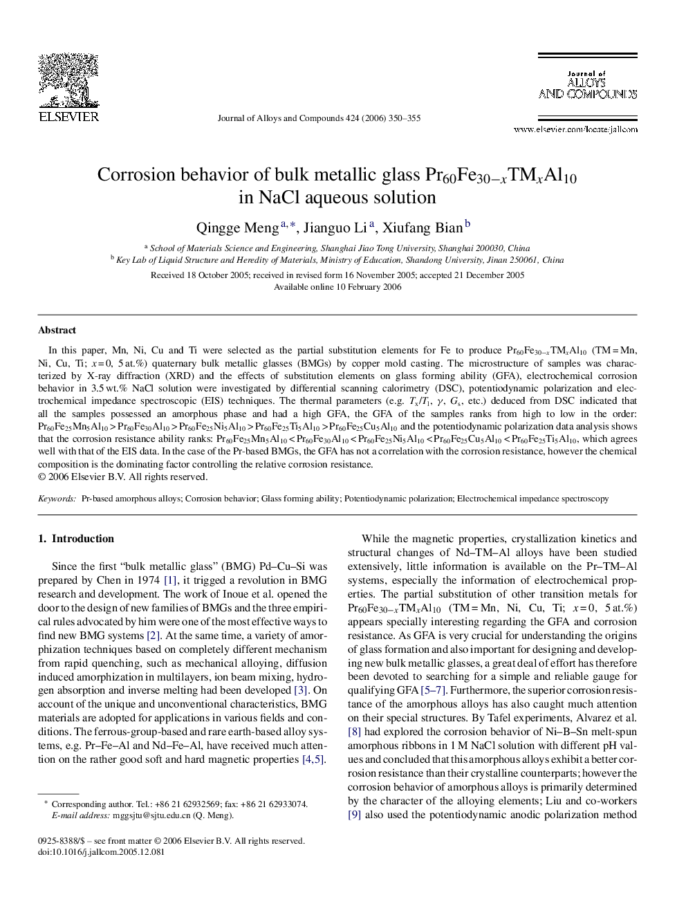Corrosion behavior of bulk metallic glass Pr60Fe30−xTMxAl10 in NaCl aqueous solution