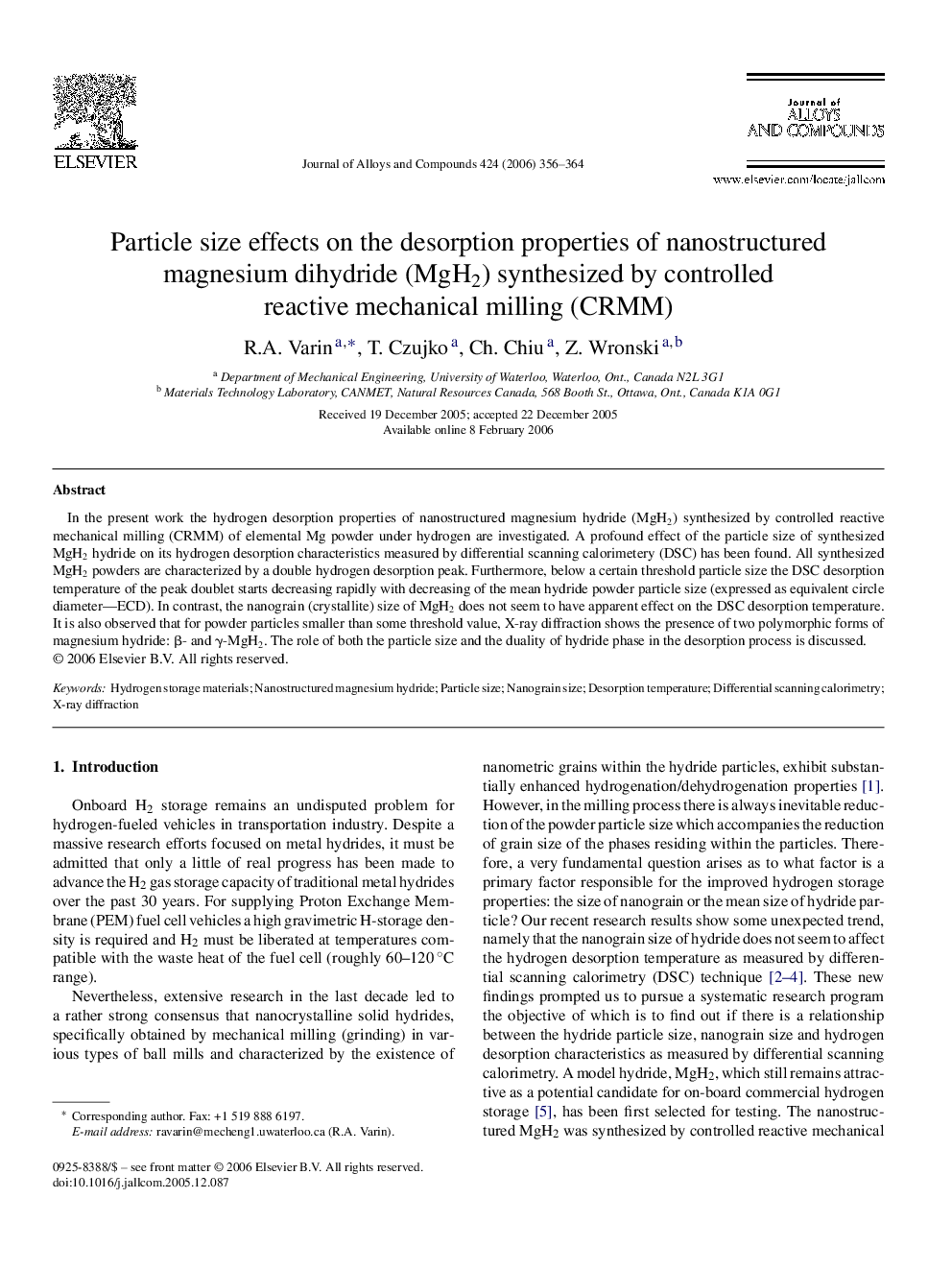 Particle size effects on the desorption properties of nanostructured magnesium dihydride (MgH2) synthesized by controlled reactive mechanical milling (CRMM)