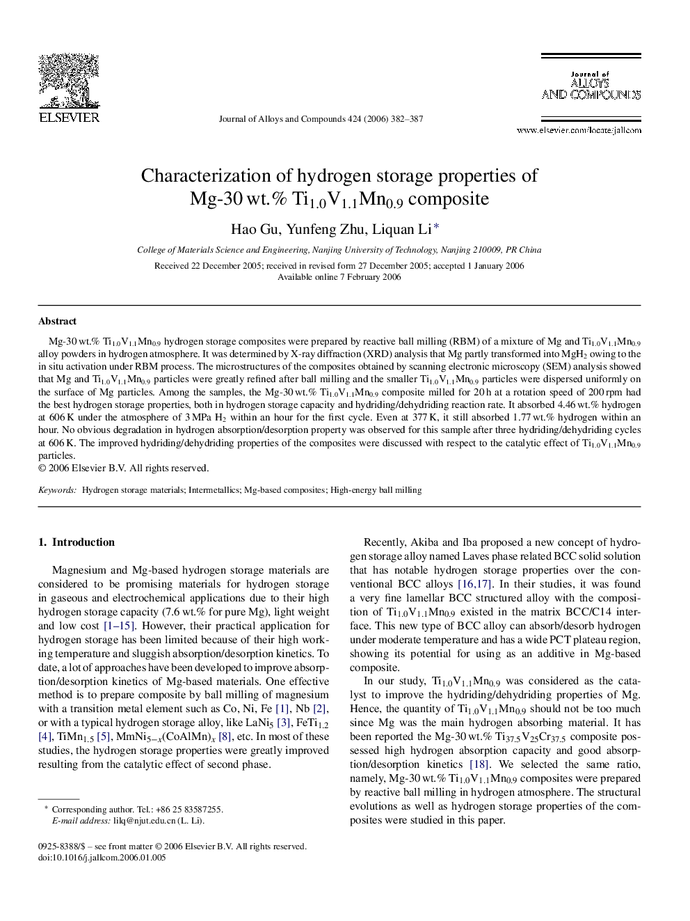 Characterization of hydrogen storage properties of Mg-30Â wt.% Ti1.0V1.1Mn0.9 composite