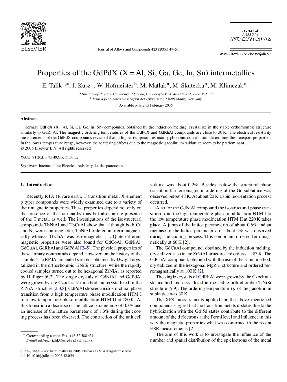 Properties of the GdPdX (X = Al, Si, Ga, Ge, In, Sn) intermetallics